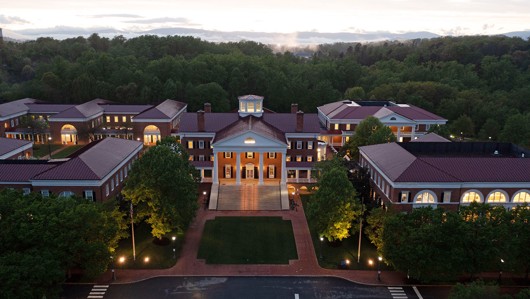 darden school buildings at sunset