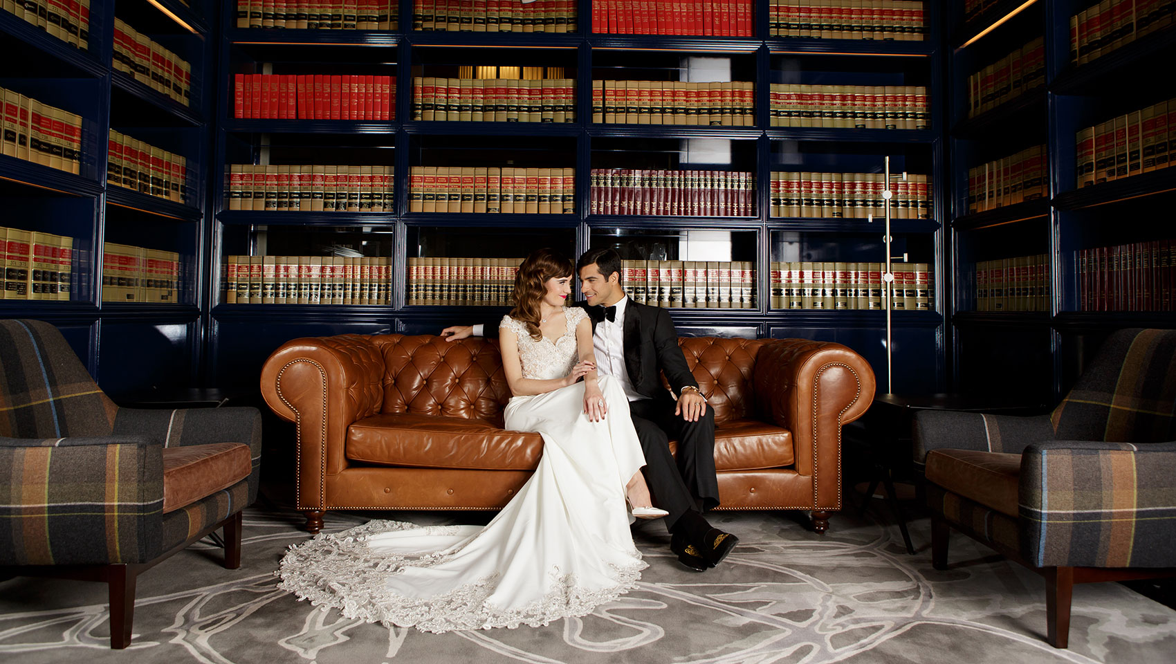 wedding couple in a library