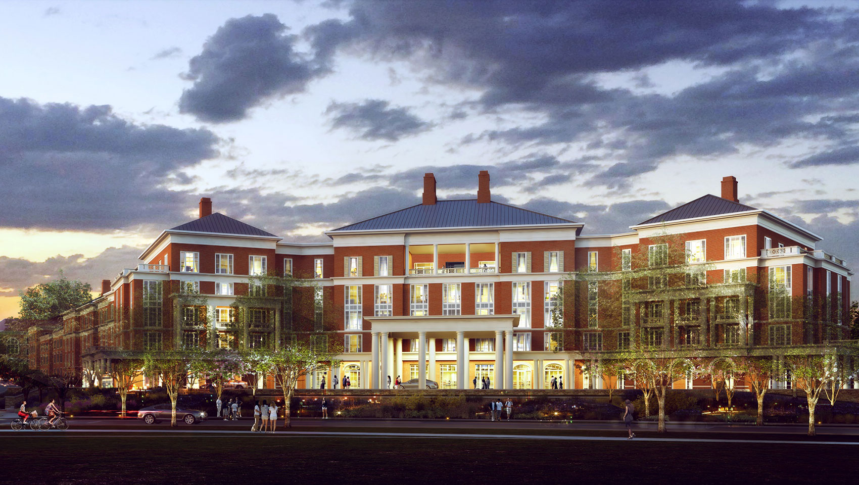 darden campus exterior at dusk